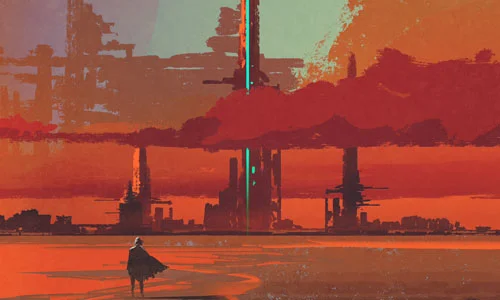 A man look at a distant cityscape in the desert